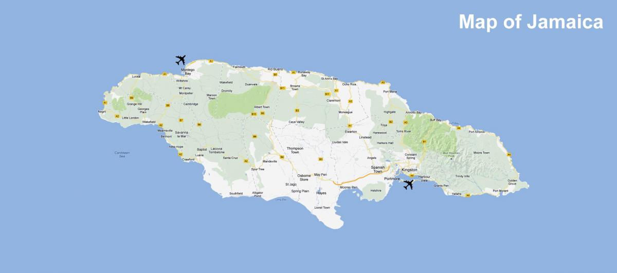 քարտեզ Ջամայկա օդանավակայանների եւ առողջարաններ